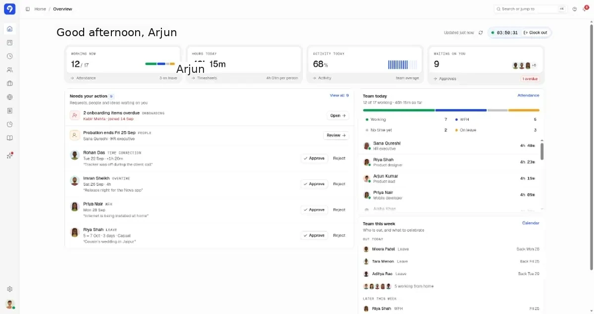 Trakkar manager home overview with attendance, hours today, and pending approvals for Acme Studio