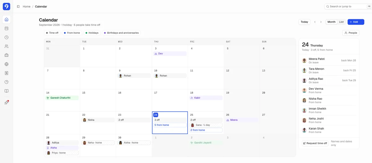 Trakkar leave and holiday calendar showing Indian public holidays such as Ganesh Chaturthi and Gandhi Jayanti, plus leave and work from home days